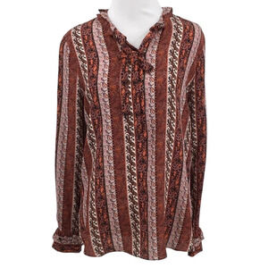 Kobi‎ Halperin Shirt Womens XS Orange Gray Silk Paisley Ruffle Tie Front Striped